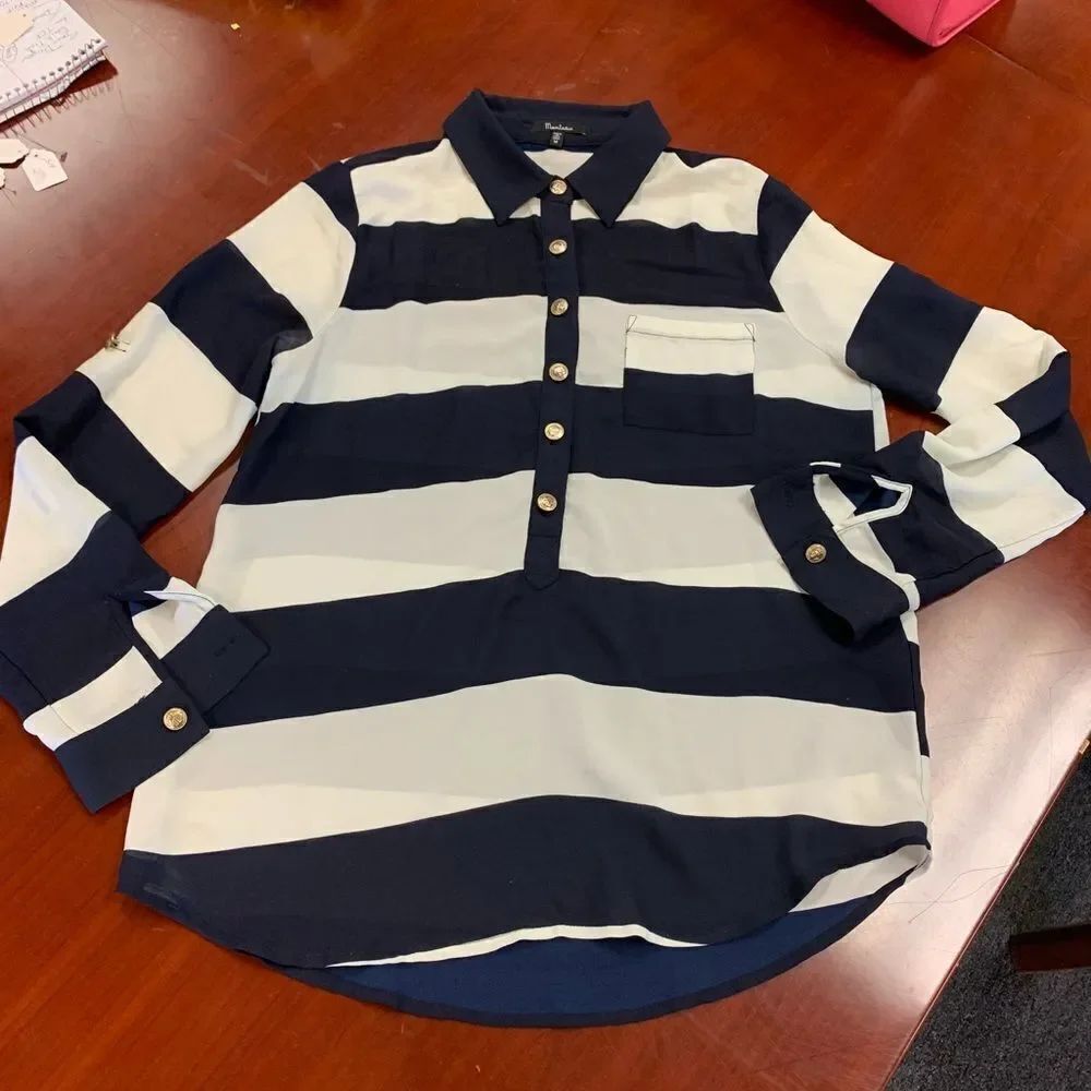 Monteau Nautical Stripe Roll Sleeve Blouse sz M